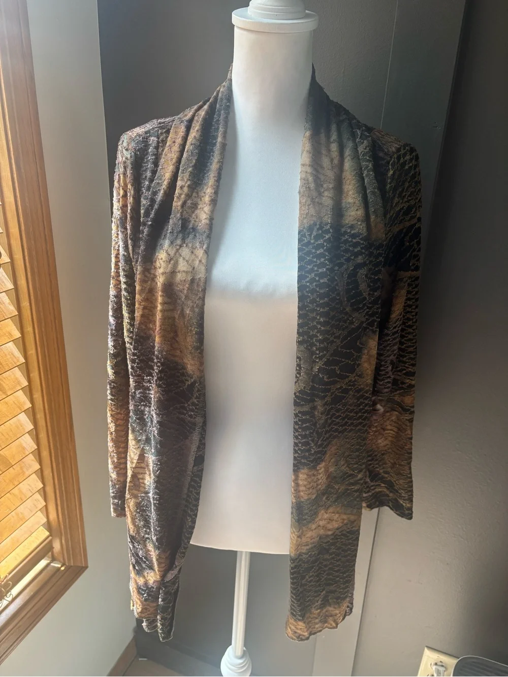 Palila Sheer Snake Print Waterfall Cardigan Brown Beige Drape Open Front M Boho